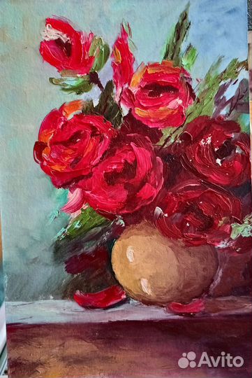 Картина миниатюра, натюрморт с розами