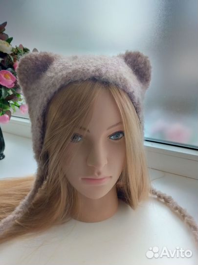 Чепчик с ушками женский, шапка с ушками, мишка