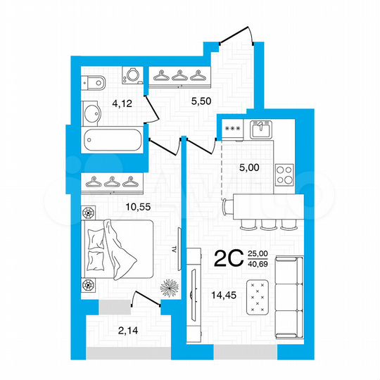 2-к. квартира, 40,7 м², 17/22 эт.