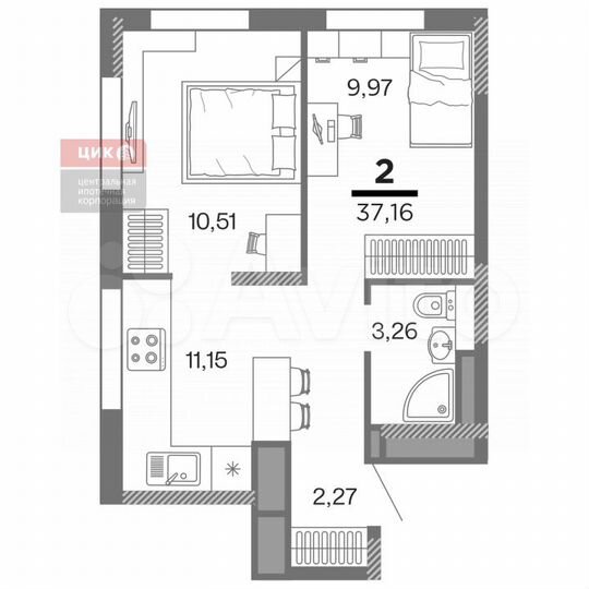 2-к. квартира, 37,2 м², 2/25 эт.