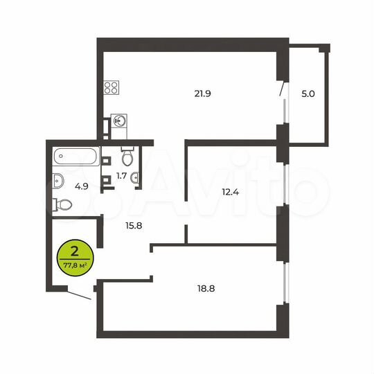 2-к. квартира, 77,8 м², 4/7 эт.