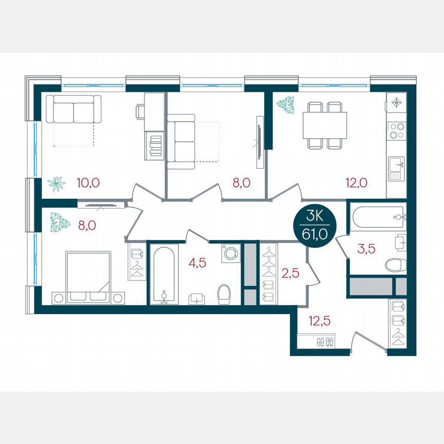 3-к. квартира, 61 м², 17/32 эт.