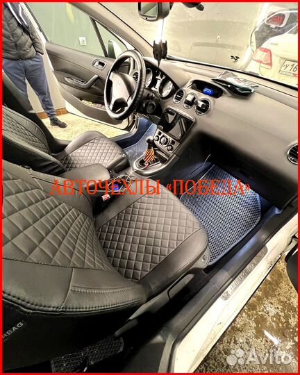 Чехлы Peugeot 308 из экокожи чёрные Ромб