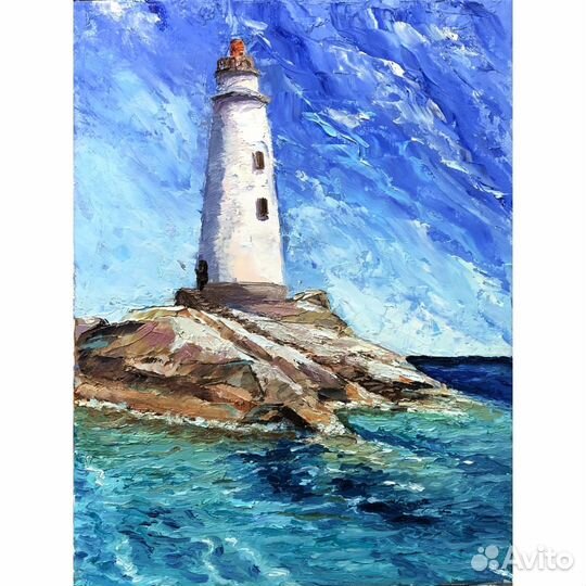 Картина маслом Маяк Море 24х18см