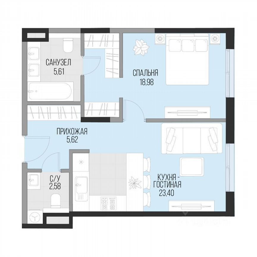 1-к. квартира, 56,2 м², 3/6 эт.