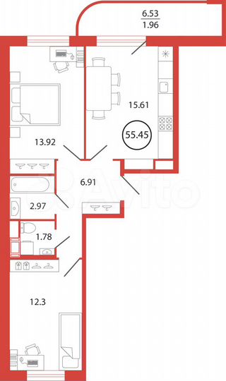 2-к. квартира, 55,5 м², 2/12 эт.