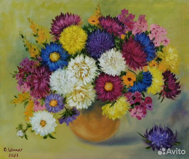 Астры в букете. Картина маслом на холсте 40х50