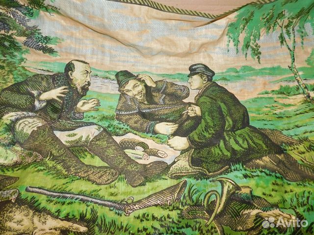 Репродукция на ткани-картина Охотники на привале С