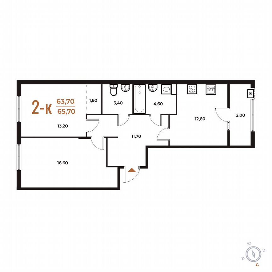 2-к. квартира, 65,7 м², 2/8 эт.