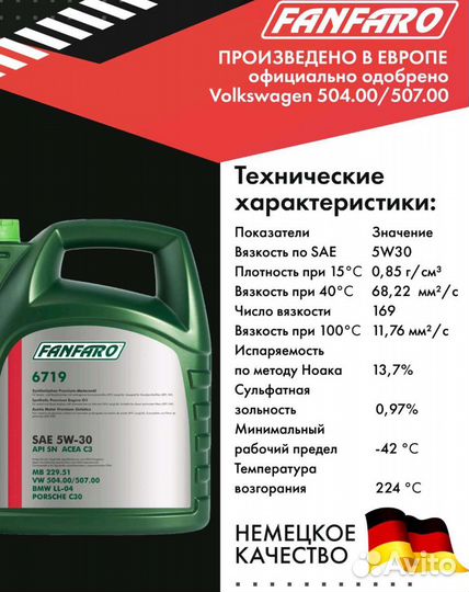 Моторное масло fanfaro 5W-30 5 л. VW 504, 507