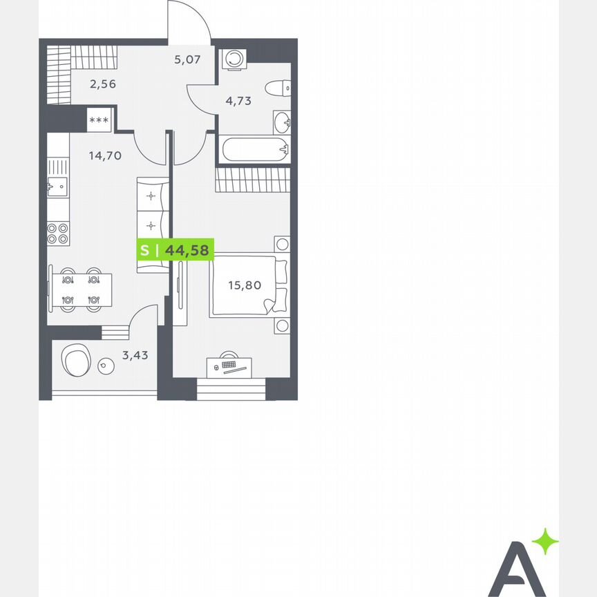 1-к. квартира, 44,6 м², 8/12 эт.