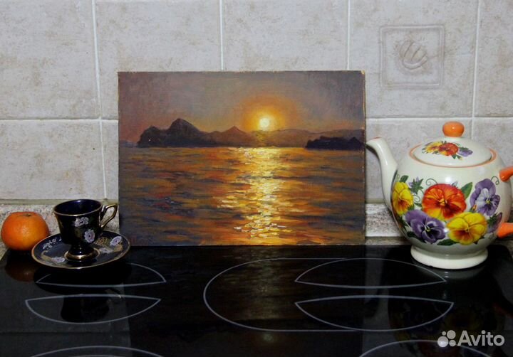 Картина маслом морской пейзаж Закат над Карадагом