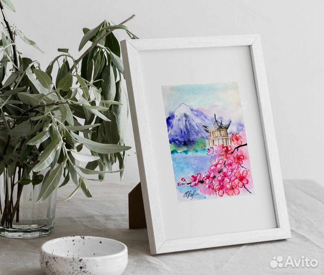 Картина акварель. Горы, море, сакура, японский дом