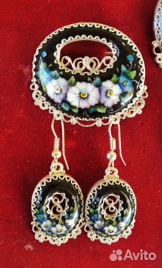 Финифть Комплект Гарнитур Брошь + Серьги Скань Ag