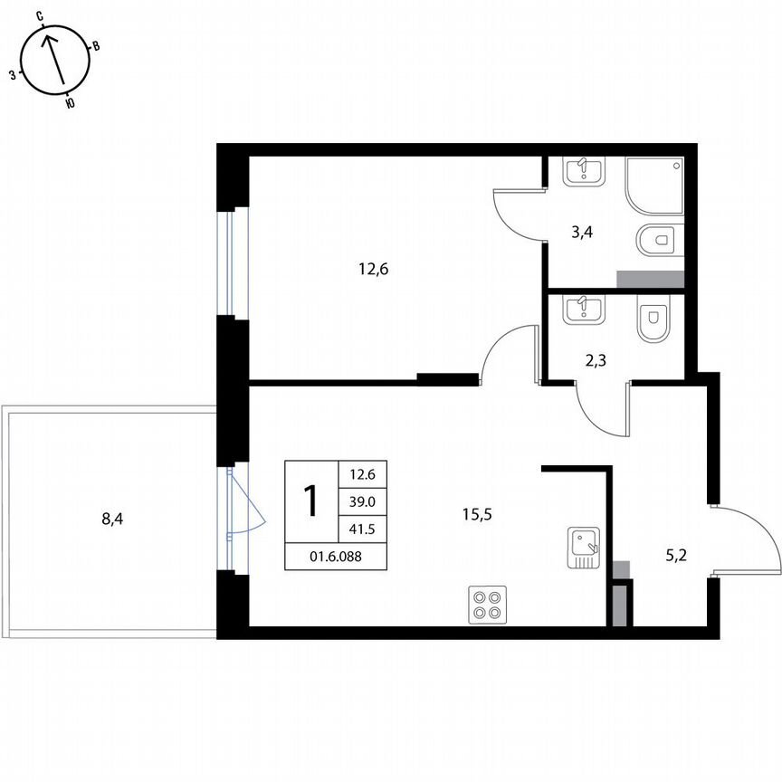 1-к. квартира, 41,5 м², 1/3 эт.