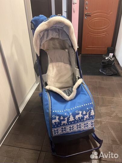 Санки коляска на колесах с сумкой