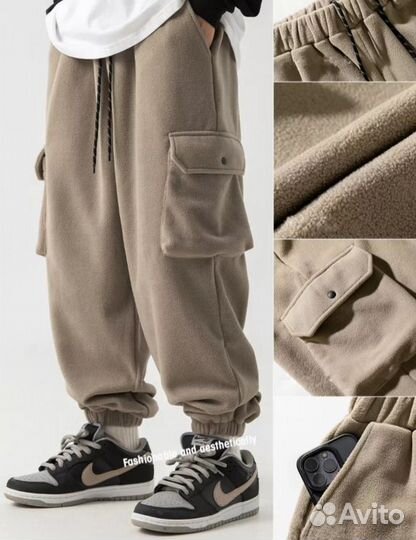 Утепленные бежевые флисовые штаны на резинке