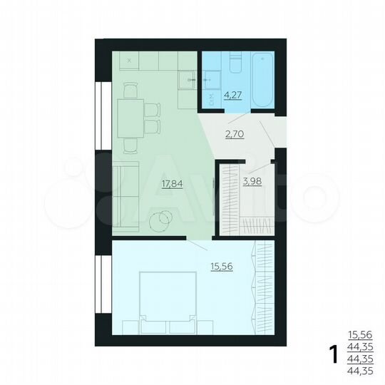 1-к. квартира, 44,4 м², 3/6 эт.