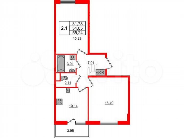 2-к. квартира, 54,1 м², 2/25 эт.