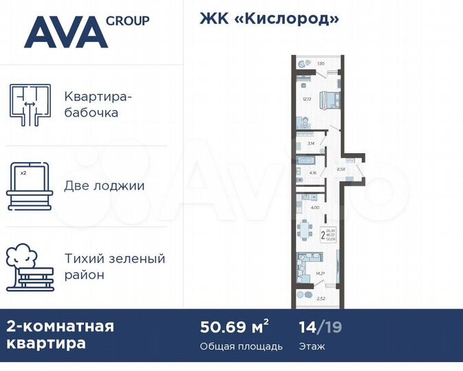 2-к. квартира, 50,7 м², 14/19 эт.