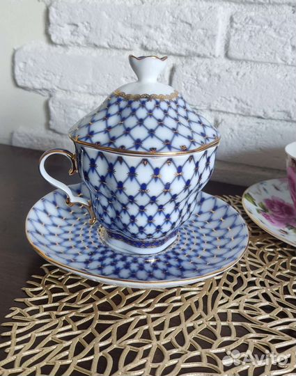 Чайный фарфоровый сервиз лфз СССР, золотой кобальт