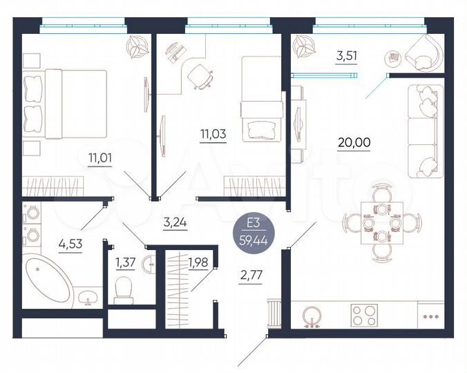 2-к. квартира, 59,4 м², 12/25 эт.