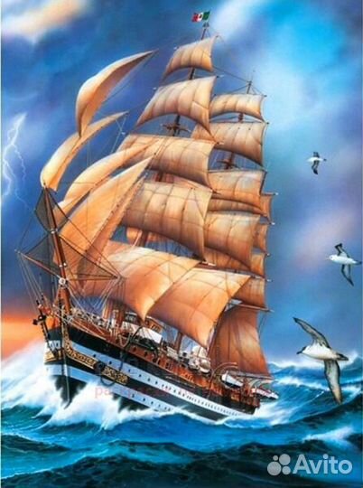 Алмазная мозаика 40x50 Черно-белый корабль на волн