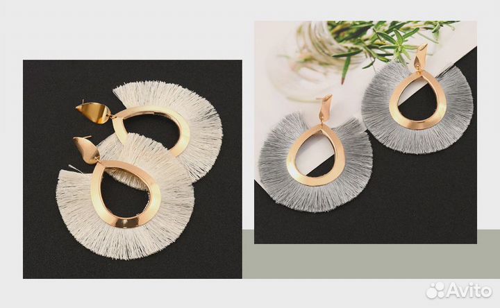 Металлические серьги золотого цвета с серыми нитям