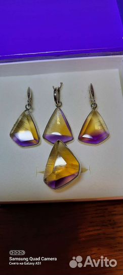 Серьги, кольцо и кулон с аметрином