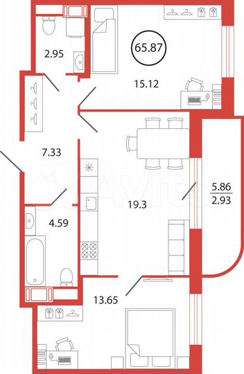 2-к. квартира, 65,9 м², 6/12 эт.
