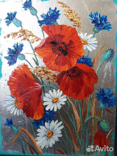 Картина маслом Цветы на потали Маки и васильки