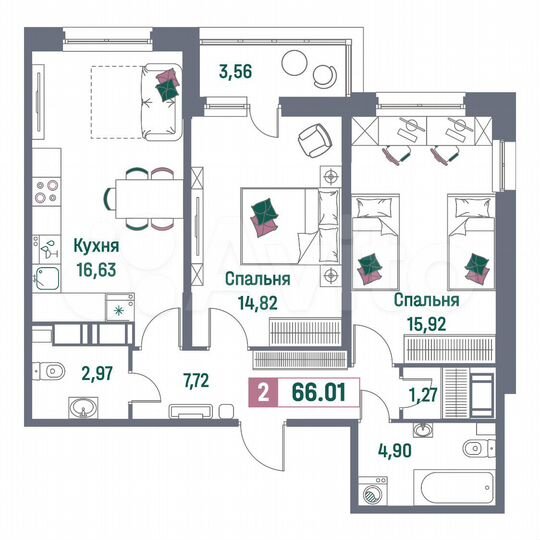 2-к. квартира, 66 м², 15/16 эт.