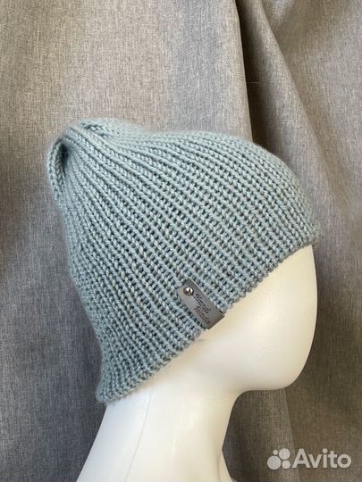 Шапка бини двойная вязаная серая. Ручная работа