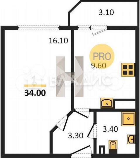 1-к. квартира, 34 м², 1/9 эт.