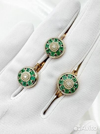 Золотые серьги с бриллиантами, изумруд 585 / 7.09