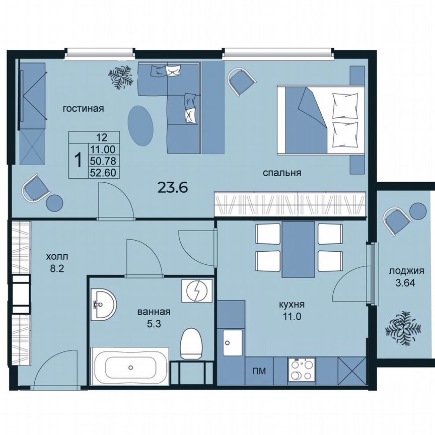 2-к. апартаменты, 52,6 м², 2/15 эт.