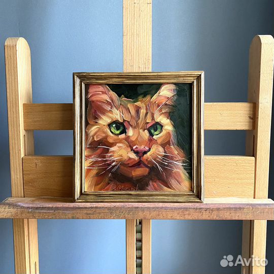 Мейн-кун кот картина маслом в раме 20х20 см рыжий
