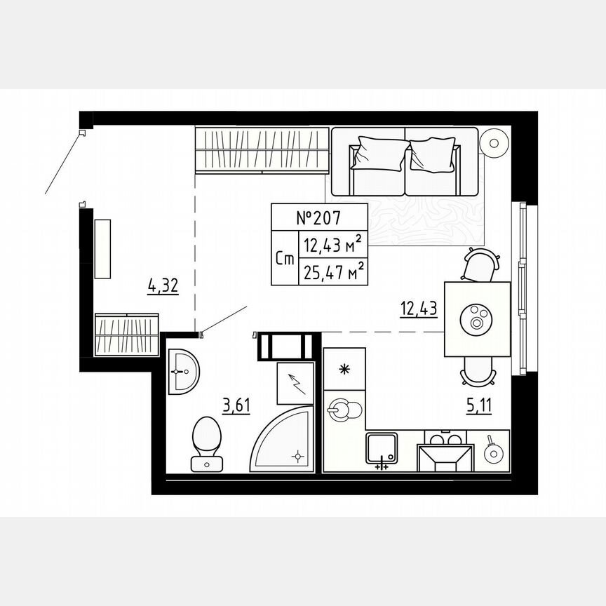 Квартира-студия, 25,5 м², 3/4 эт.