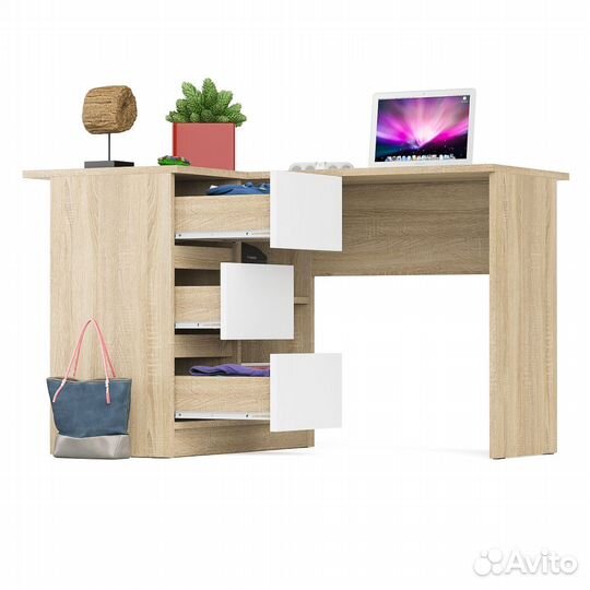 Угловой компьютерный стол Мори мс-16 левый дуб сонома/белый, 124,4х84,9х76,6 см, ящики слева, не уни