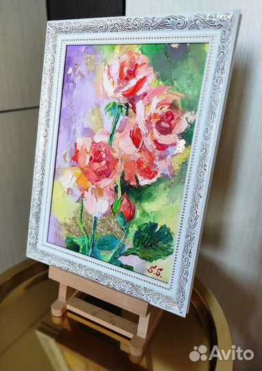 Картина маслом с поталью в раме Розы Картина 21х30