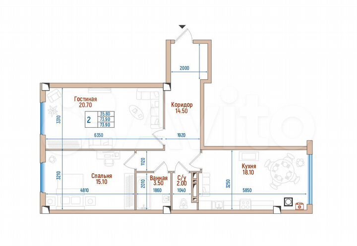 2-к. квартира, 73,9 м², 1/8 эт.