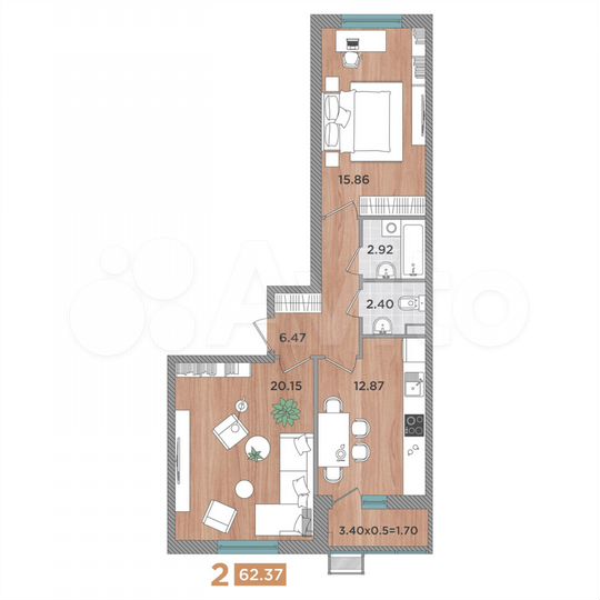 2-к. квартира, 62,4 м², 2/8 эт.