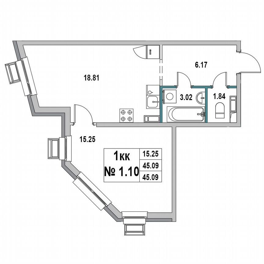 1-к. квартира, 45,1 м², 1/7 эт.