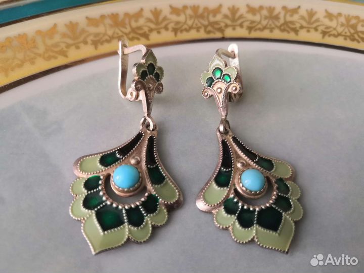 Серьги СССР Серебро Эмаль Бирюза
