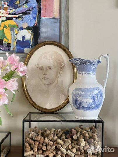 Рисунок антикварный в раме дерево, кувшин гигант