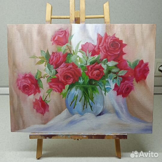 Картина маслом на холсте цветы Розы в вазе