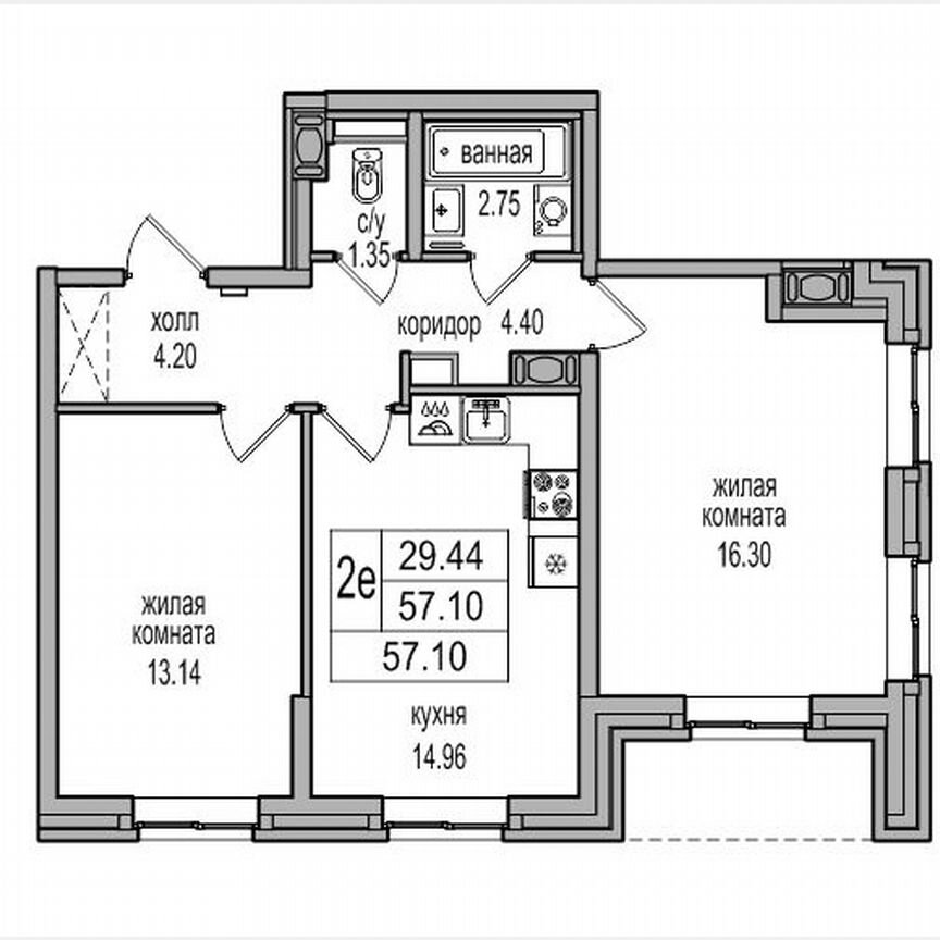 2-к. квартира, 56,4 м², 1/27 эт.