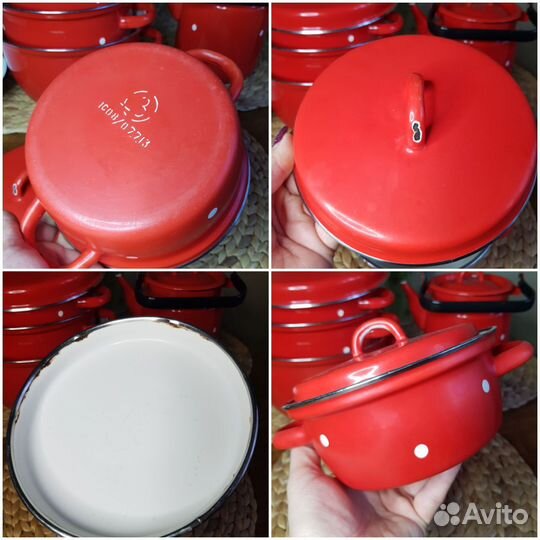 Кастрюли СССР эмалированные красные в белый горох