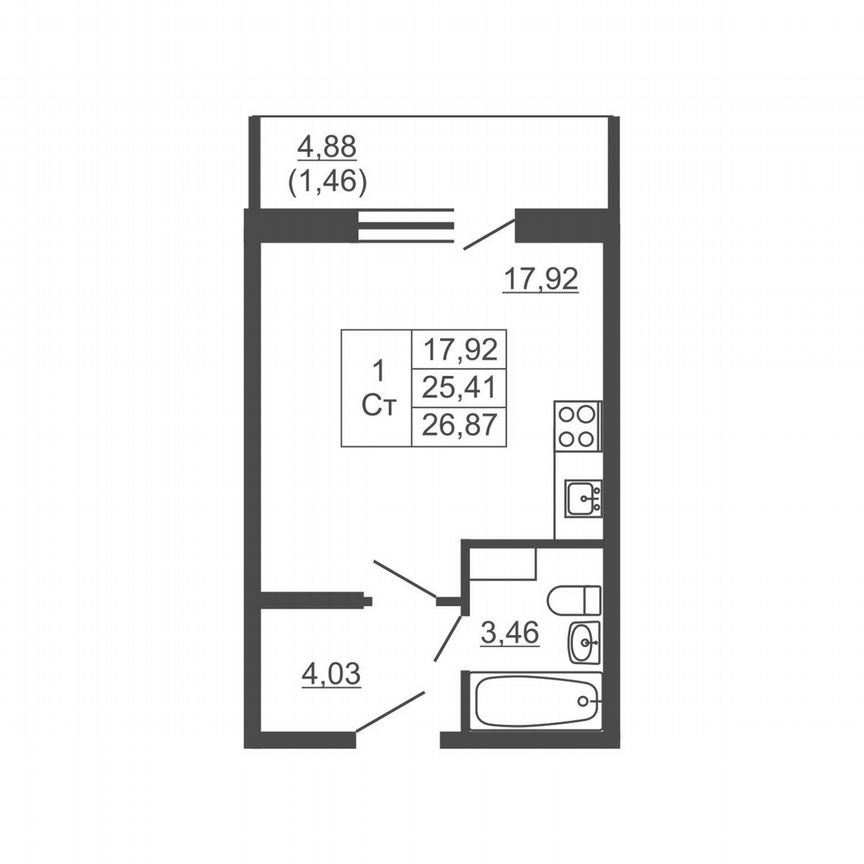 Квартира-студия, 26,9 м², 2/16 эт.