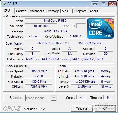 Процессор Inte Core i7-950 8 потоков LGA 1366